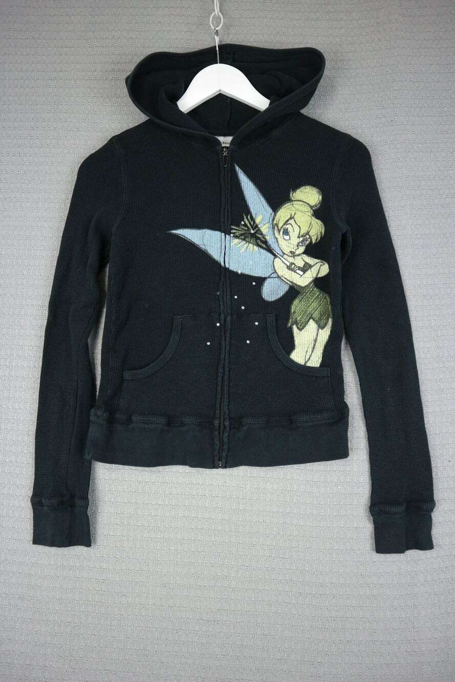 Vintage Y2K Disneyland Resort Tinkerbell Thermal Zip Hoodie Black Rhinestone M